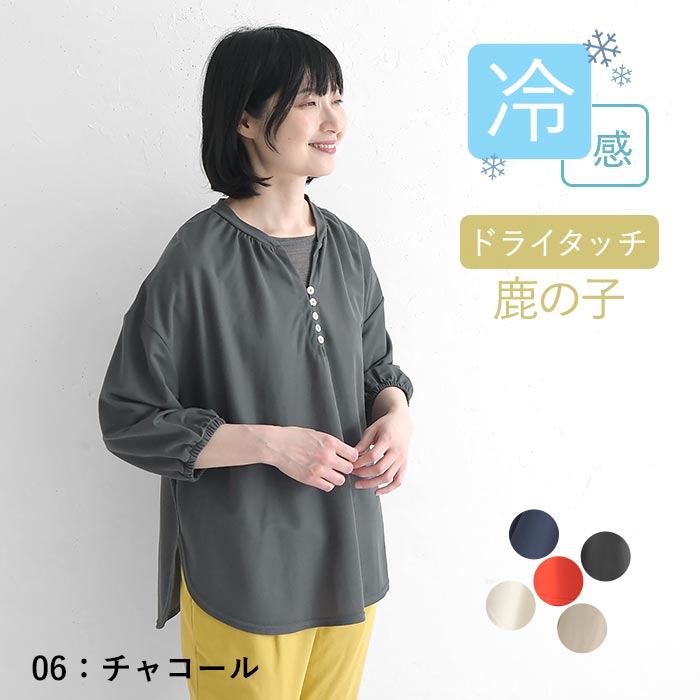 接触冷感 プルオーバー ブラウス風 レディース カットソー 鹿の子 春