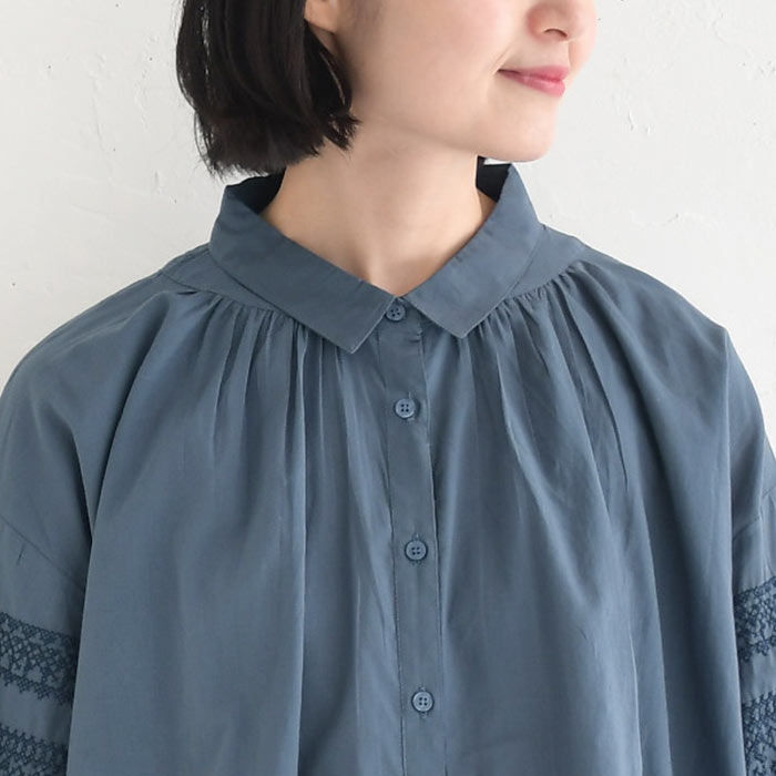 ブラウス 長袖 レディース 綿キャンブリック 袖刺繍 ゆったり