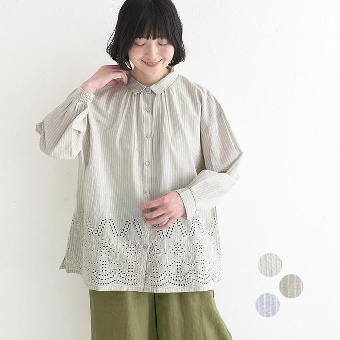 新作早割P5倍 ブラウス 裾刺繍 綿100％ キャンブリック ストライプ柄  春 夏 30代 40代 50代 26SS0319, | 