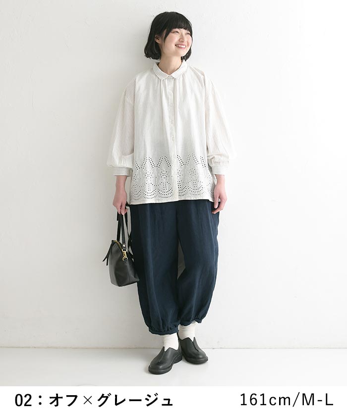 新作早割P5倍 ブラウス 裾刺繍 綿100％ キャンブリック ストライプ柄  春 夏 30代 40代 50代 26SS0319, |  | 05