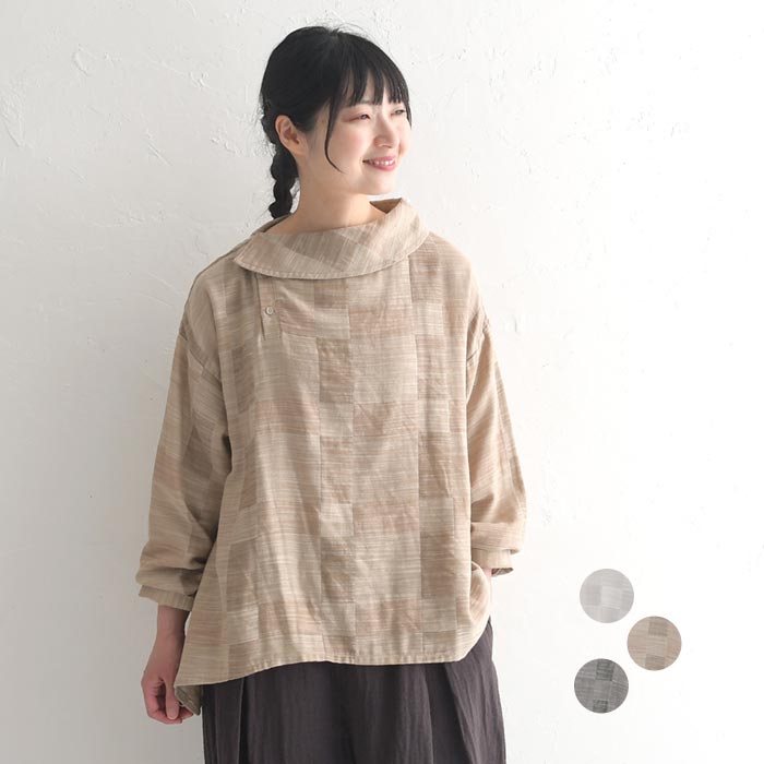 ブラウス シャツ 長袖 レディース コットンダブルガーゼ アシメ衿シャドーチェック 綿100％ 24AW0904,