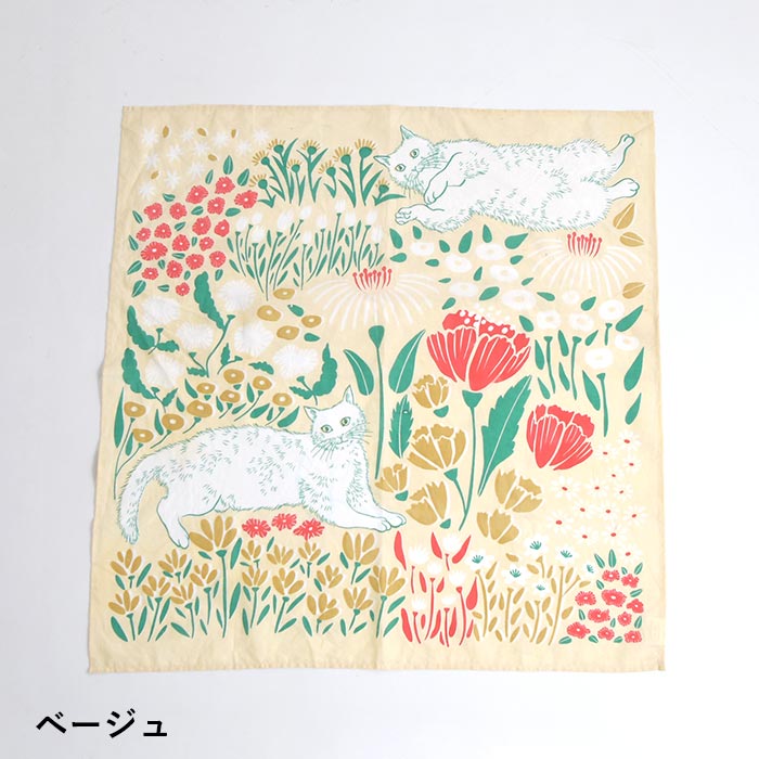 2点までメール便可 ハンカチ お花畑戯れ猫柄 大判サイズ 綿100% スカーフ バンダナ 70cm×70cm 26SS0529, |  | 01