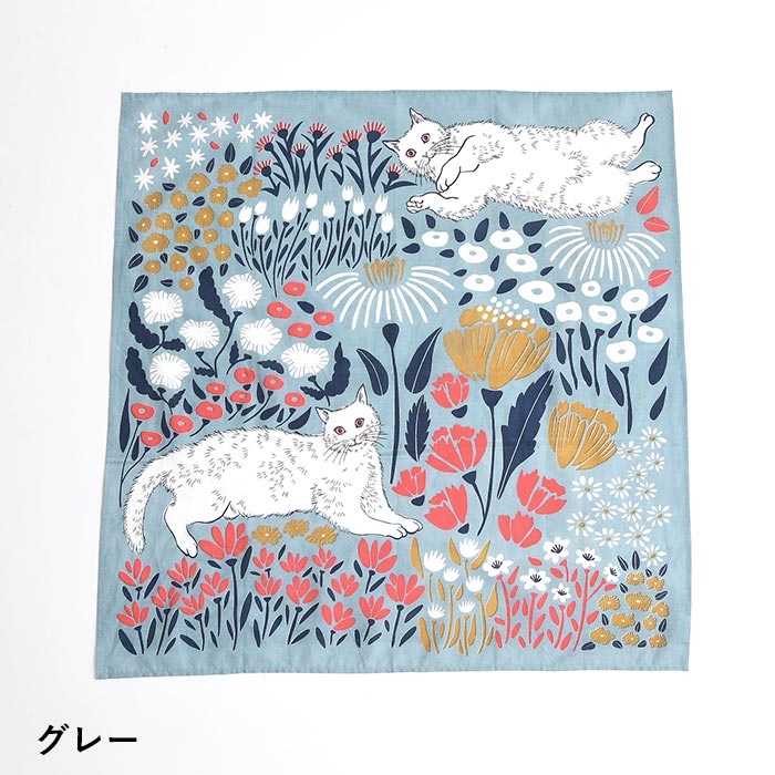2点までメール便可 ハンカチ お花畑戯れ猫柄 大判サイズ 綿100% スカーフ バンダナ 70cm×70cm 26SS0529, |  | 02
