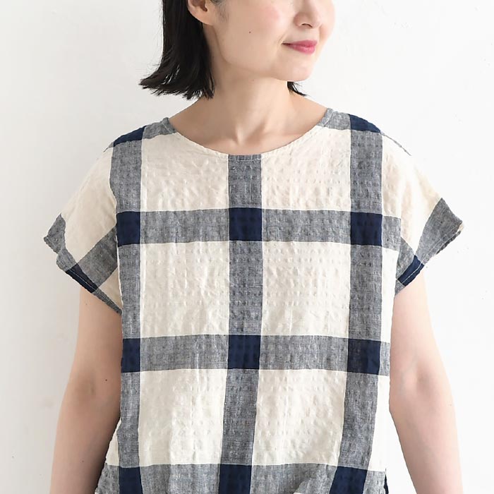ブラウス Dgy 綿麻 リップル チェック フレンチスリーブ 涼しい 夏 春 30代 40代 50代 26SS0612, 爆買 | D*g*y | 13
