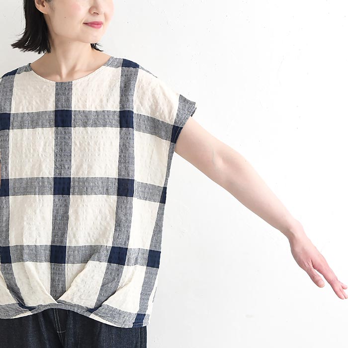 ブラウス Dgy 綿麻 リップル チェック フレンチスリーブ 涼しい 夏 春 30代 40代 50代 26SS0612, 爆買 | D*g*y | 16