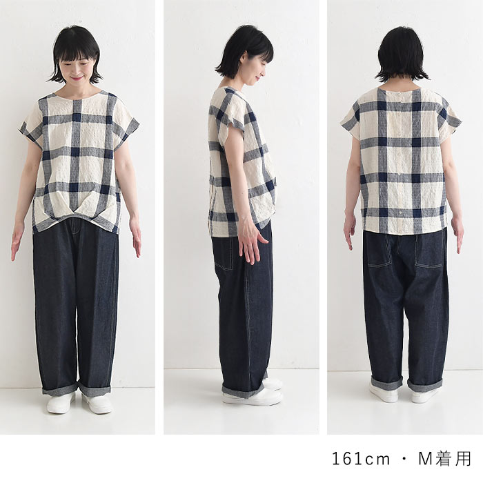 ブラウス Dgy 綿麻 リップル チェック フレンチスリーブ 涼しい 夏 春 30代 40代 50代 26SS0612, 爆買 | D*g*y | 18