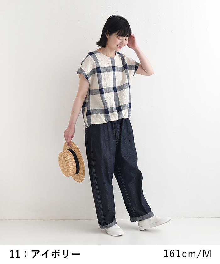 ブラウス Dgy 綿麻 リップル チェック フレンチスリーブ 涼しい 夏 春 30代 40代 50代 26SS0612, 爆買 | D*g*y | 10