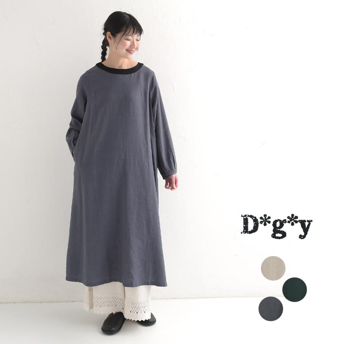 M〜3L フレアワンピース レディース D*g*y dgy リネン混 襟配色 麻 24SS0209, | D*g*y