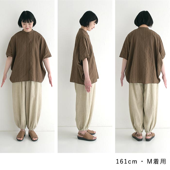 極美品　BASCO　バスコネスト　麻100%　ドルマン袖　Aライン　ブラウス ブラウス 袖デザイン シャーリング 7分袖 ドルマン バンドカラー