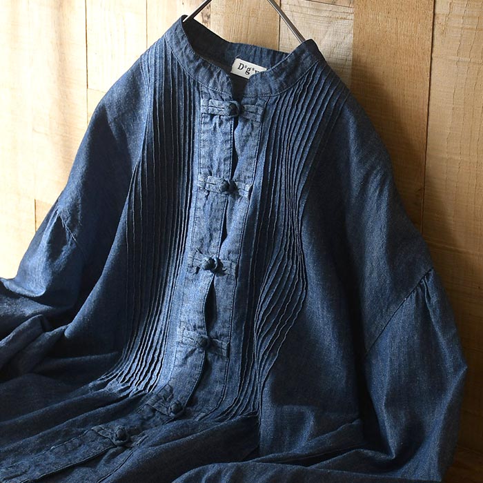 新作早割P5倍 綿麻デニム ブラウス チャイナボタン D*g*y レディース ゆったり ワイド ピンタック コットンリネン 大きいサイズ 春夏 30代 40代 50代 26SS0219, | D*g*y | 11