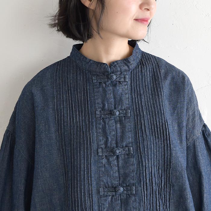 新作早割P5倍 綿麻デニム ブラウス チャイナボタン D*g*y レディース ゆったり ワイド ピンタック コットンリネン 大きいサイズ 春夏 30代 40代 50代 26SS0219, | D*g*y | 12