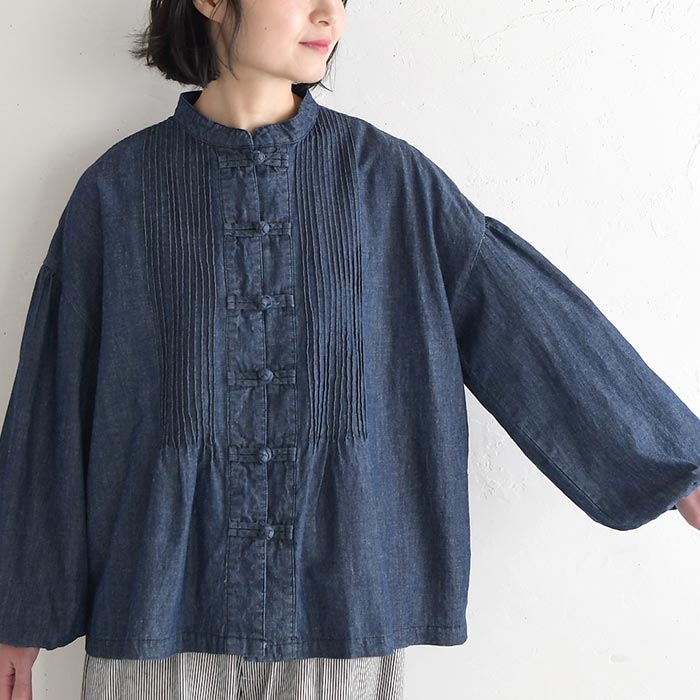 新作早割P5倍 綿麻デニム ブラウス チャイナボタン D*g*y レディース ゆったり ワイド ピンタック コットンリネン 大きいサイズ 春夏 30代 40代 50代 26SS0219, | D*g*y | 14