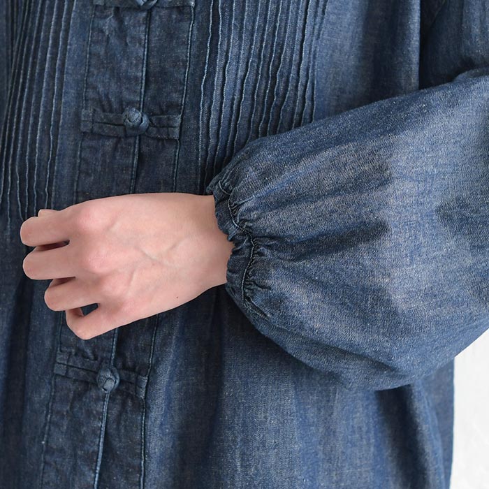 新作早割P5倍 綿麻デニム ブラウス チャイナボタン D*g*y レディース ゆったり ワイド ピンタック コットンリネン 大きいサイズ 春夏 30代 40代 50代 26SS0219, | D*g*y | 15