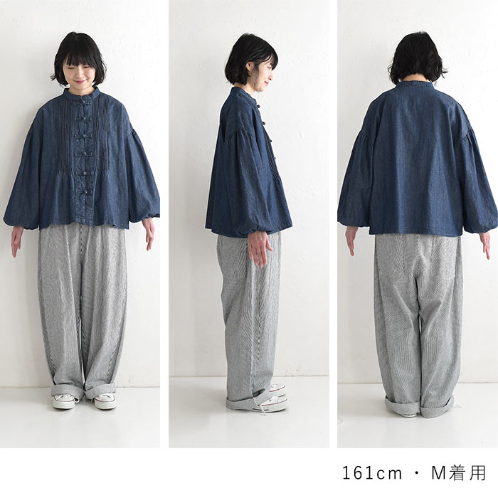 新作早割P5倍 綿麻デニム ブラウス チャイナボタン D*g*y レディース ゆったり ワイド ピンタック コットンリネン 大きいサイズ 春夏 30代 40代 50代 26SS0219, | D*g*y | 17