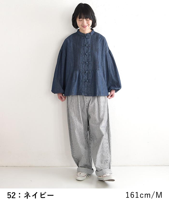 新作早割P5倍 綿麻デニム ブラウス チャイナボタン D*g*y レディース ゆったり ワイド ピンタック コットンリネン 大きいサイズ 春夏 30代 40代 50代 26SS0219, | D*g*y | 02