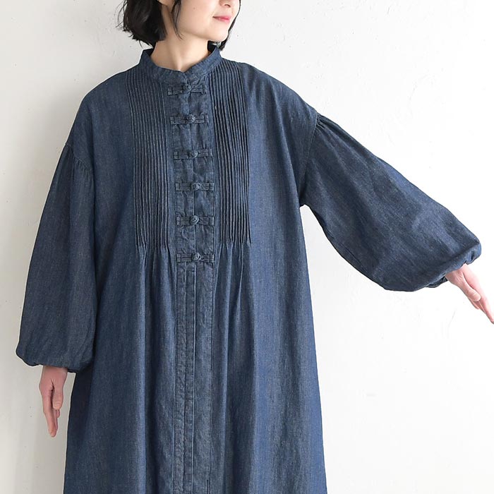 新作早割P5倍 綿麻デニム ワンピース チャイナボタン D*g*y 長袖 レディース ゆったり ワイド ピンタック コットンリネン 前開き シャツワンピース 26SS0219, | D*g*y | 13