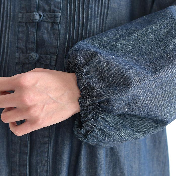 新作早割P5倍 綿麻デニム ワンピース チャイナボタン D*g*y 長袖 レディース ゆったり ワイド ピンタック コットンリネン 前開き シャツワンピース 26SS0219, | D*g*y | 14