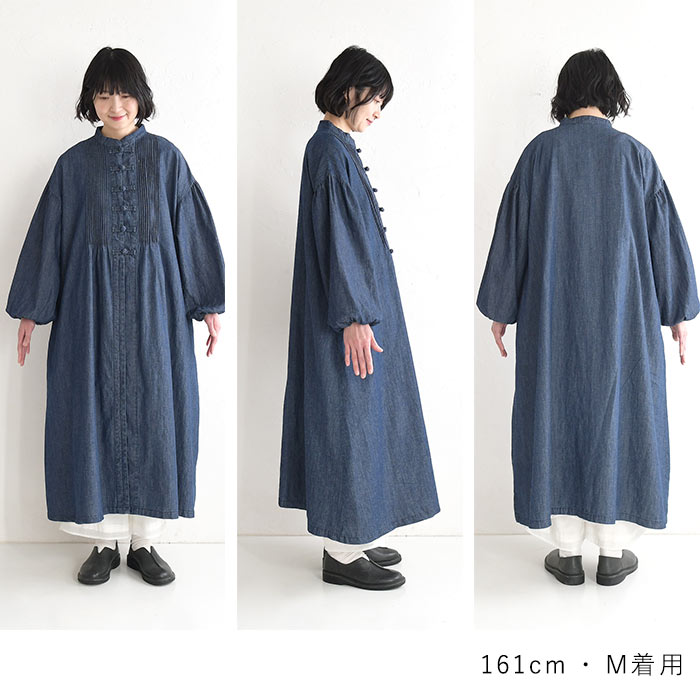 新作早割P5倍 綿麻デニム ワンピース チャイナボタン D*g*y 長袖 レディース ゆったり ワイド ピンタック コットンリネン 前開き シャツワンピース 26SS0219, | D*g*y | 17