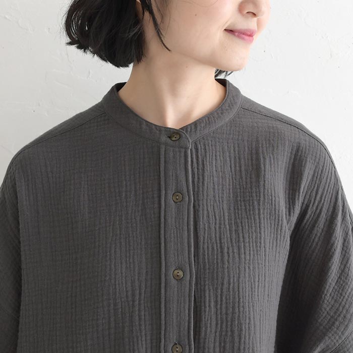 ブラウス 楊柳ガーゼ 綿100% バンドカラー 半袖  夏 春 ワイド 30代 40代 50代 26SS0424, | earth_eco_loco | 17