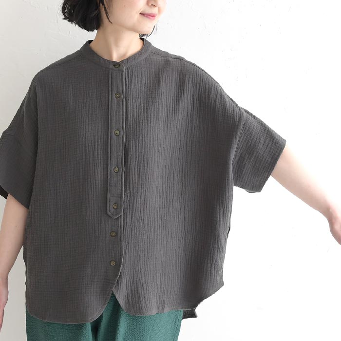 ブラウス 楊柳ガーゼ 綿100% バンドカラー 半袖  夏 春 ワイド 30代 40代 50代 26SS0424, | earth_eco_loco | 19