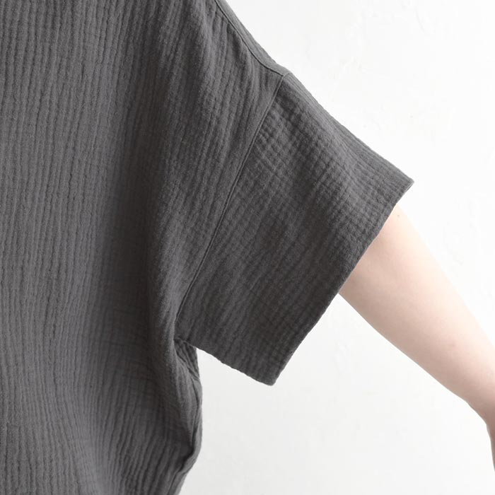 ブラウス 楊柳ガーゼ 綿100% バンドカラー 半袖  夏 春 ワイド 30代 40代 50代 26SS0424, | earth_eco_loco | 20