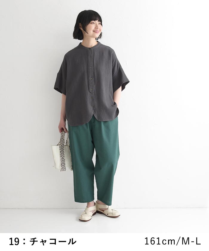 ブラウス 楊柳ガーゼ 綿100% バンドカラー 半袖  夏 春 ワイド 30代 40代 50代 26SS0424, | earth_eco_loco | 06