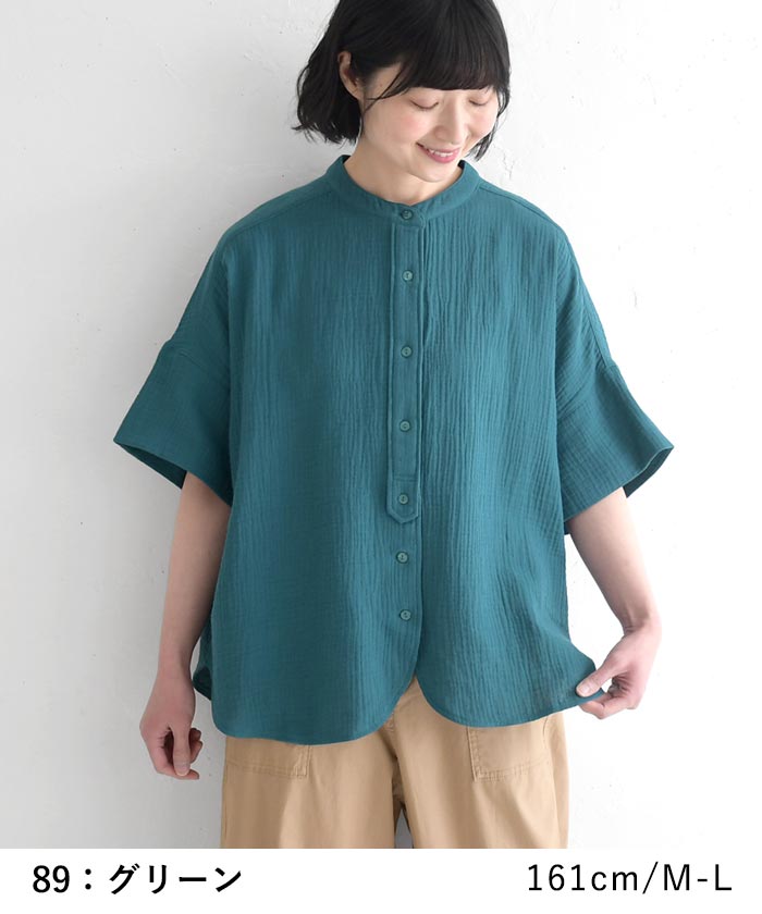 ブラウス 楊柳ガーゼ 綿100% バンドカラー 半袖  夏 春 ワイド 30代 40代 50代 26SS0424, | earth_eco_loco | 12