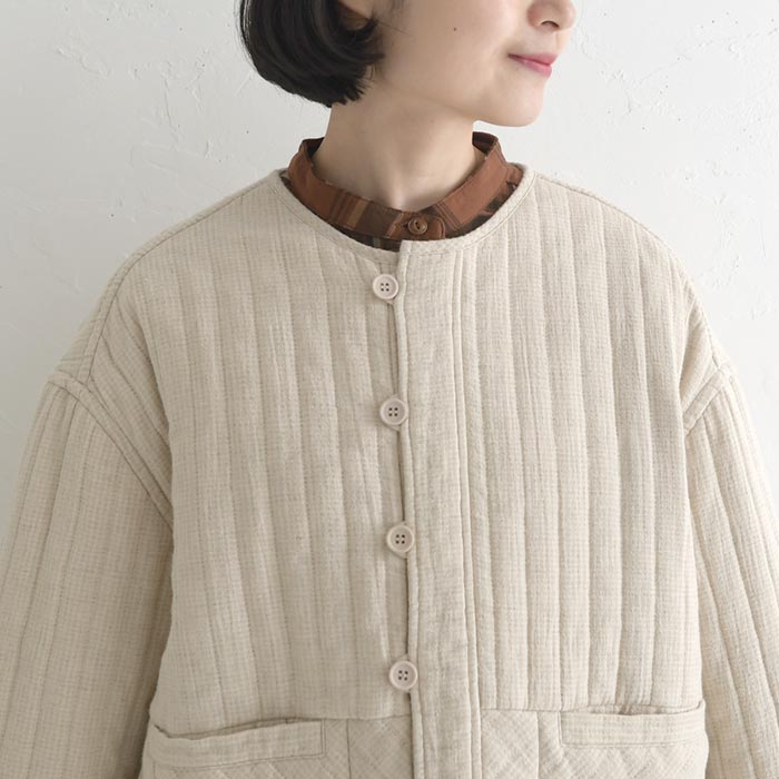 50％OFF セール！ 返品交換不可 ノーカラーブルゾン 綿麻ジャガード キルト キルティング レディース ショート丈 25AW1107, q0123, q5, | earth_eco_loco | 17