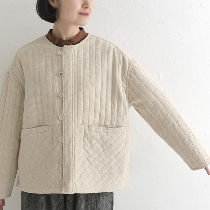 50％OFF セール！ 返品交換不可 ノーカラーブルゾン 綿麻ジャガード キルト キルティング レディース ショート丈 25AW1107, q0123, q5, | earth_eco_loco | 19
