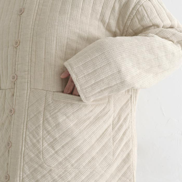 50％OFF セール！ 返品交換不可 ノーカラーブルゾン 綿麻ジャガード キルト キルティング レディース ショート丈 25AW1107, q0123, q5, | earth_eco_loco | 20