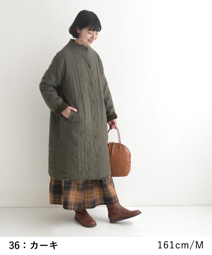 50％OFF セール！ 返品交換不可 ボトルネックコート 綿麻ジャガード ひょうたんキルト キルティング レディース ロング丈 裏ボア 25AW1107, q0123, q5, | earth_eco_loco | 13