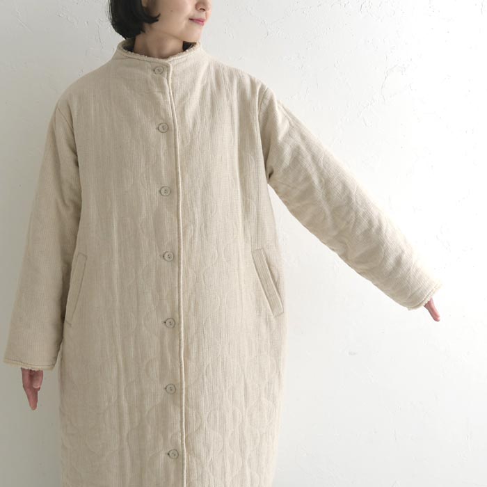 50％OFF セール！ 返品交換不可 ボトルネックコート 綿麻ジャガード ひょうたんキルト キルティング レディース ロング丈 裏ボア 25AW1107, q0123, q5, | earth_eco_loco | 17