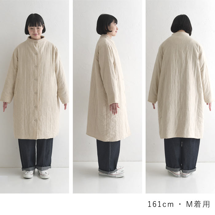 50％OFF セール！ 返品交換不可 ボトルネックコート 綿麻ジャガード ひょうたんキルト キルティング レディース ロング丈 裏ボア 25AW1107, q0123, q5, | earth_eco_loco | 20