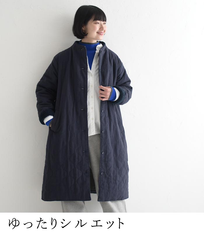 50％OFF セール！ 返品交換不可 ボトルネックコート 綿麻ジャガード ひょうたんキルト キルティング レディース ロング丈 裏ボア 25AW1107, q0123, q5, | earth_eco_loco | 08