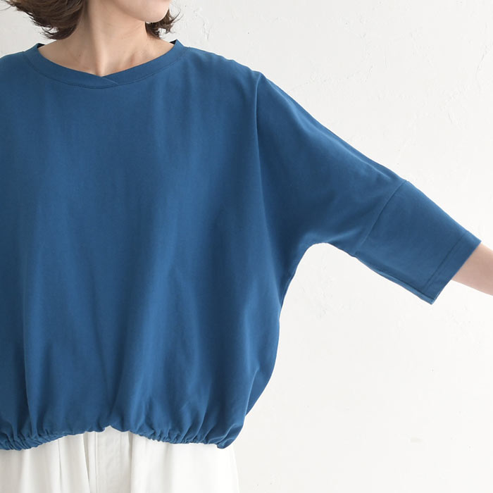 カットソー レディース ストレッチコットン 裾ギャザー 六分袖 綿 大きめ 大きいサイズ 25SS0304R, c14, | earth_eco_loco | 25