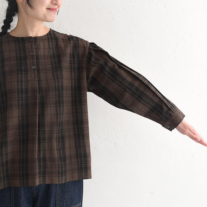 ブラウス シャツ 長袖 レディース チェック柄 ふんわりタック袖 大きいサイズ 綿100％ 24AW0816, earth_eco_loco ブラウス シャツ 長袖 レディース チェック柄
