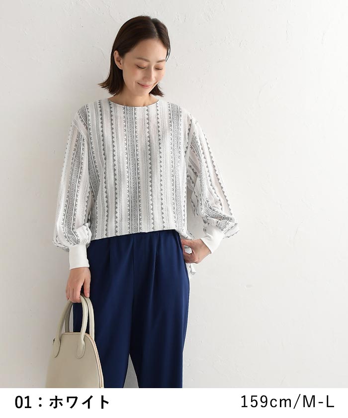 ブラウス 長袖 レディース シャツ プルオーバー 袖リブ コットンエンブロイダリー 綿100％ 大きいサイズ 24AW0913, earth_eco_loco ブラウス 長袖 レディース シャツ プルオーバー