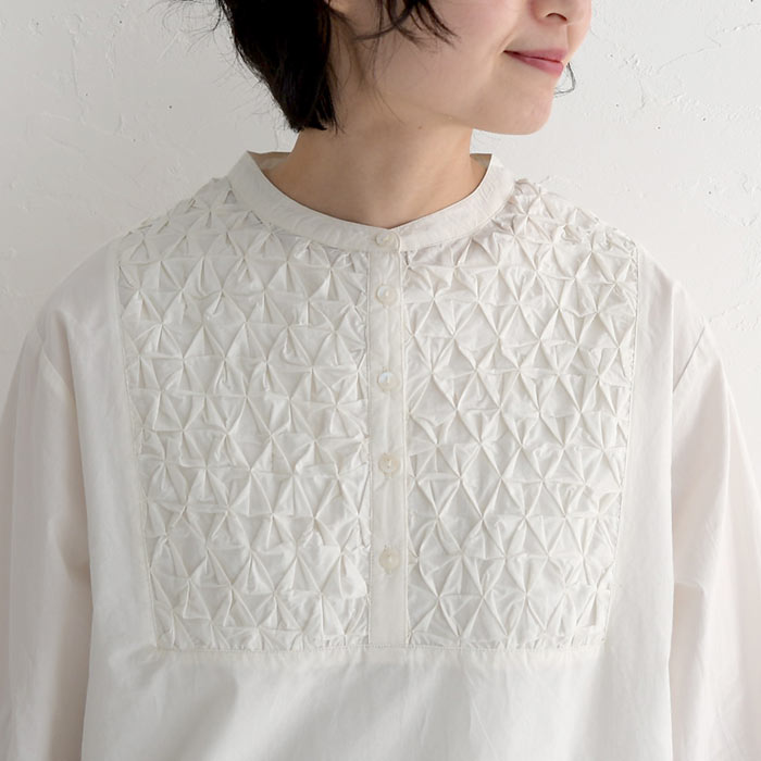 ブラウス 七分袖 レディース コットンポプリン スモッキング刺繍 綿100％ 25SS0424, earth_eco_loco ブラウス 七分袖 レディース コットンポプリン