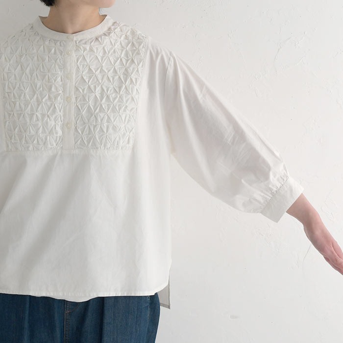 ブラウス 七分袖 レディース コットンポプリン スモッキング刺繍 綿100％ 25SS0424, earth_eco_loco ブラウス 七分袖 レディース コットンポプリン
