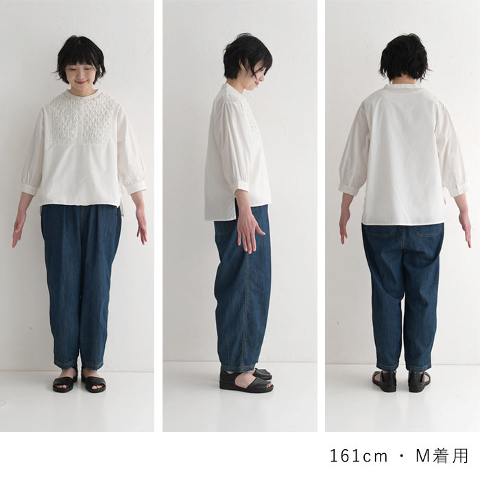 ブラウス 七分袖 レディース コットンポプリン スモッキング刺繍 綿100％ 25SS0424, earth_eco_loco ブラウス 七分袖 レディース コットンポプリン