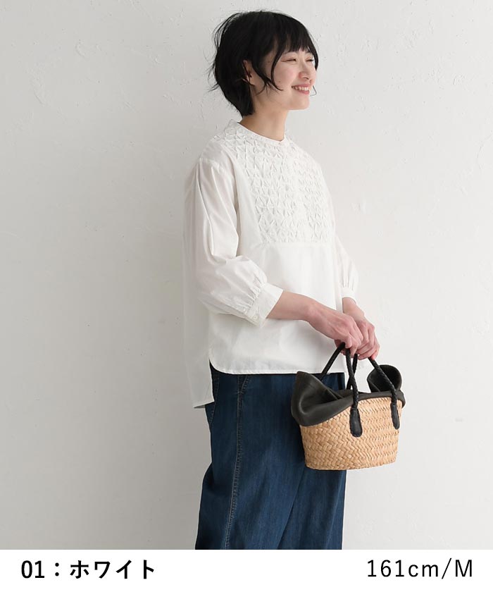 ブラウス 七分袖 レディース コットンポプリン スモッキング刺繍 綿100％ 25SS0424, earth_eco_loco ブラウス 七分袖 レディース コットンポプリン