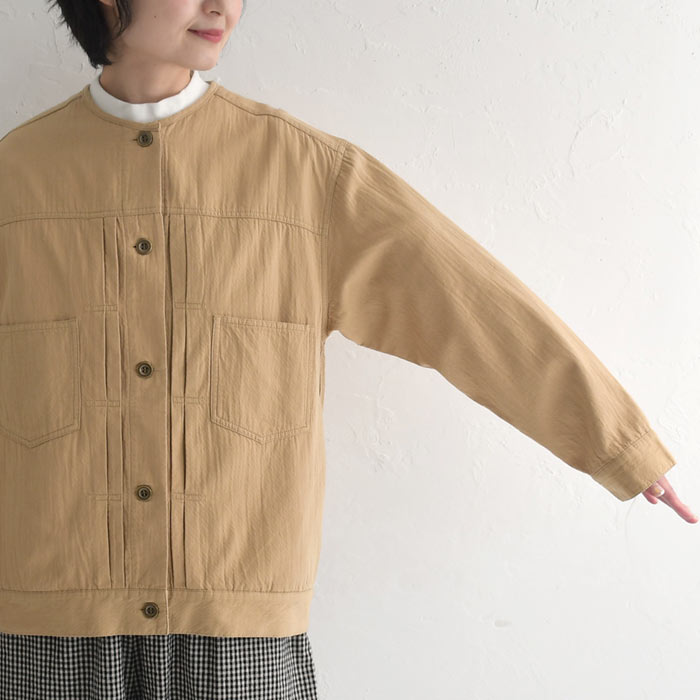 ノーカラーブルゾン レディース ライトアウター 羽織り コットン接結 タック 綿100％ 大きいサイズ 25SS0219, オリジナル | earth_eco_loco | 18