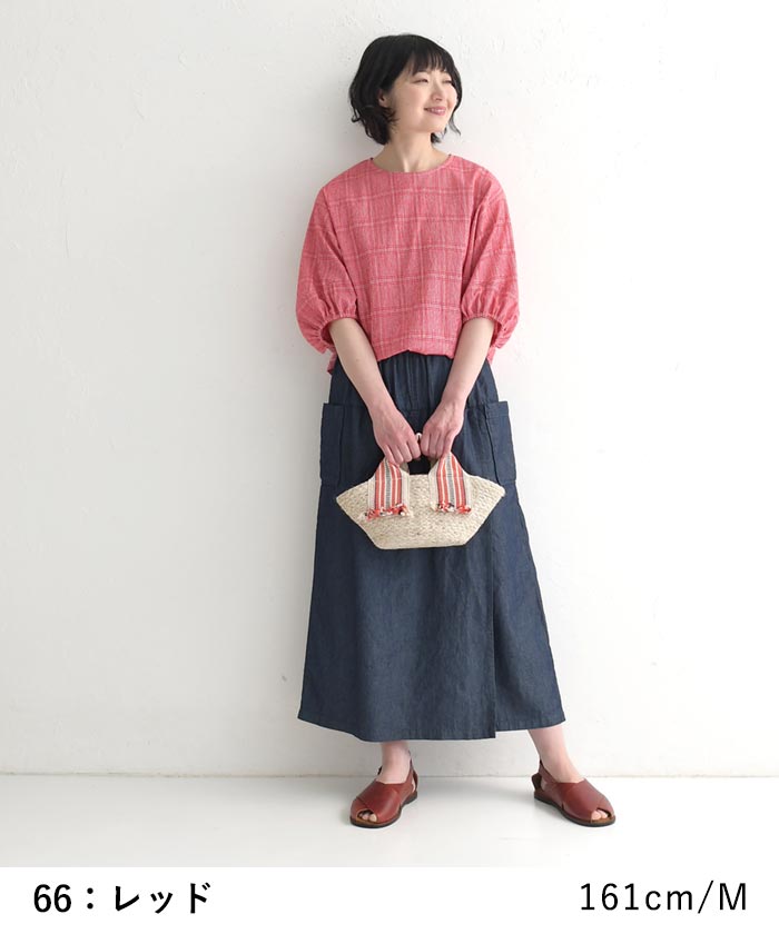 メール便送料無料 ブラウス 六分袖 レディース 肘が隠れる ぽわん袖 シャツ チェック 綿100％ 25SS0523, | earth_eco_loco | 12