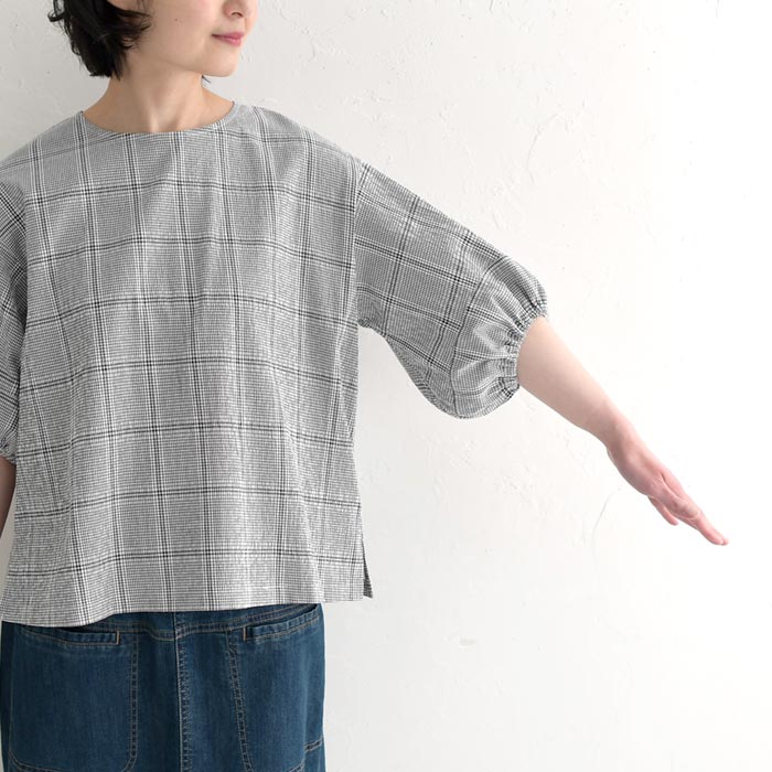 メール便送料無料 ブラウス 六分袖 レディース 肘が隠れる ぽわん袖 シャツ チェック 綿100％ 25SS0523, | earth_eco_loco | 17