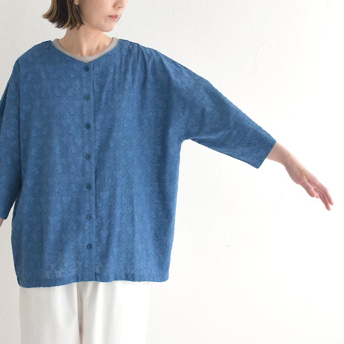 前開きブラウス シャツ レディース 七分袖 羽織り ドビーコットン ボタニカル柄 綿100％ 大きいサイズ 25SS0604, | earth_eco_loco | 17