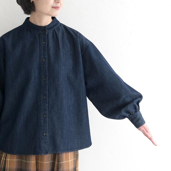デニムブラウス 長袖 レディース コットン ハイネック 肩落ち シャツ 綿100％ 秋冬 26AW0918R, | earth_eco_loco | 13