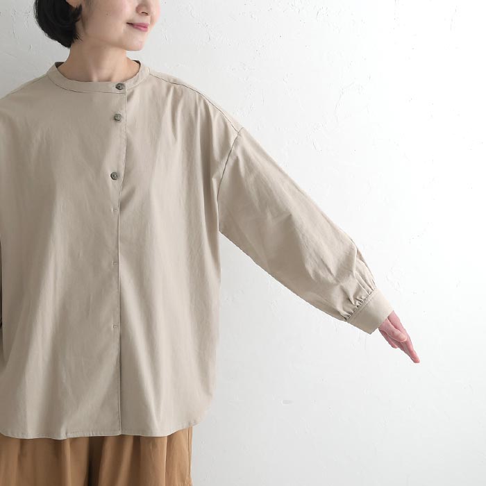 ブラウス 長袖 レディース ストレッチコットン ノーカラー ワイド ゆったり 綿 25AW0904, | earth_eco_loco | 18