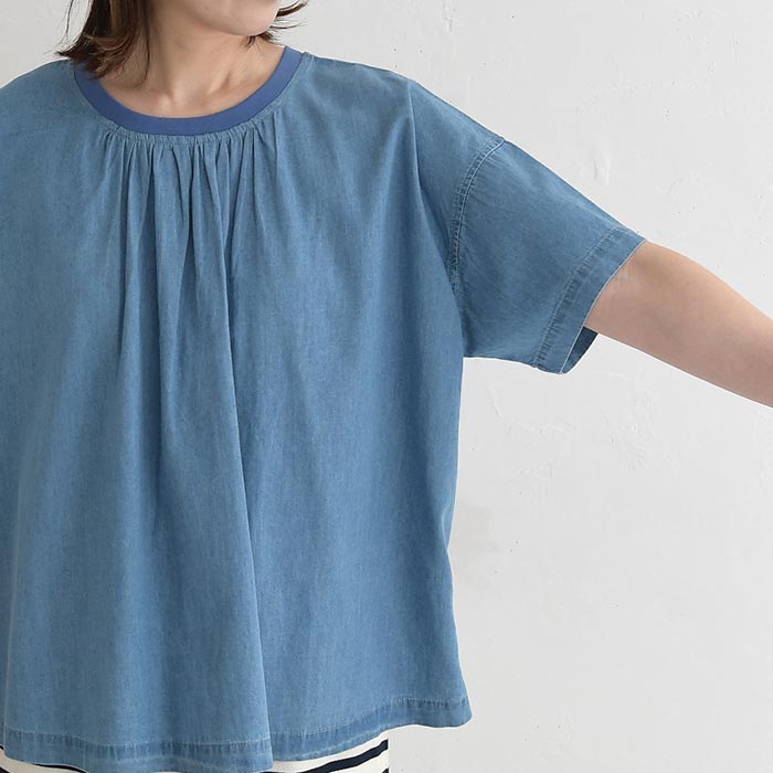 デニムブラウス ネックリブ 後ろタック半袖プルオーバー 夏 春 30代 40代 50代 26SS0424, | earth_eco_loco | 20