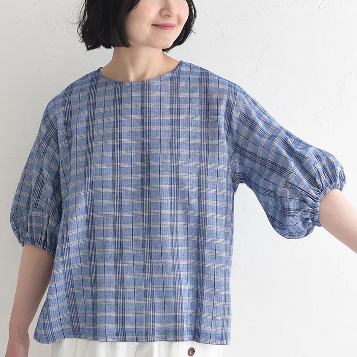ブラウス ぽわん袖 ドビー チェック柄 綿100% earth_eco_loco 春 夏 30代 40代 50代 26SS0522, 0724ptn | earth_eco_loco | 19