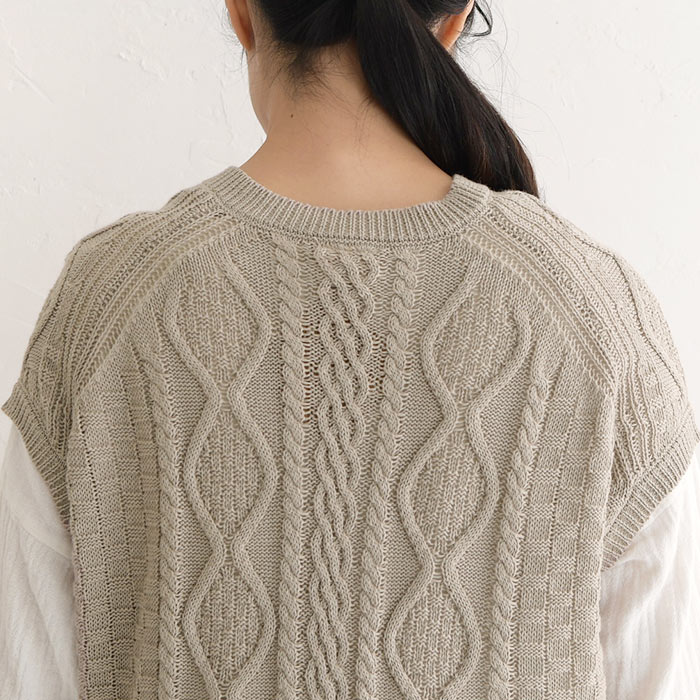 ニットベスト レディース 綿麻 アラン柄 キーネック 重ね着 24SS0216, | earth_eco_loco | 15